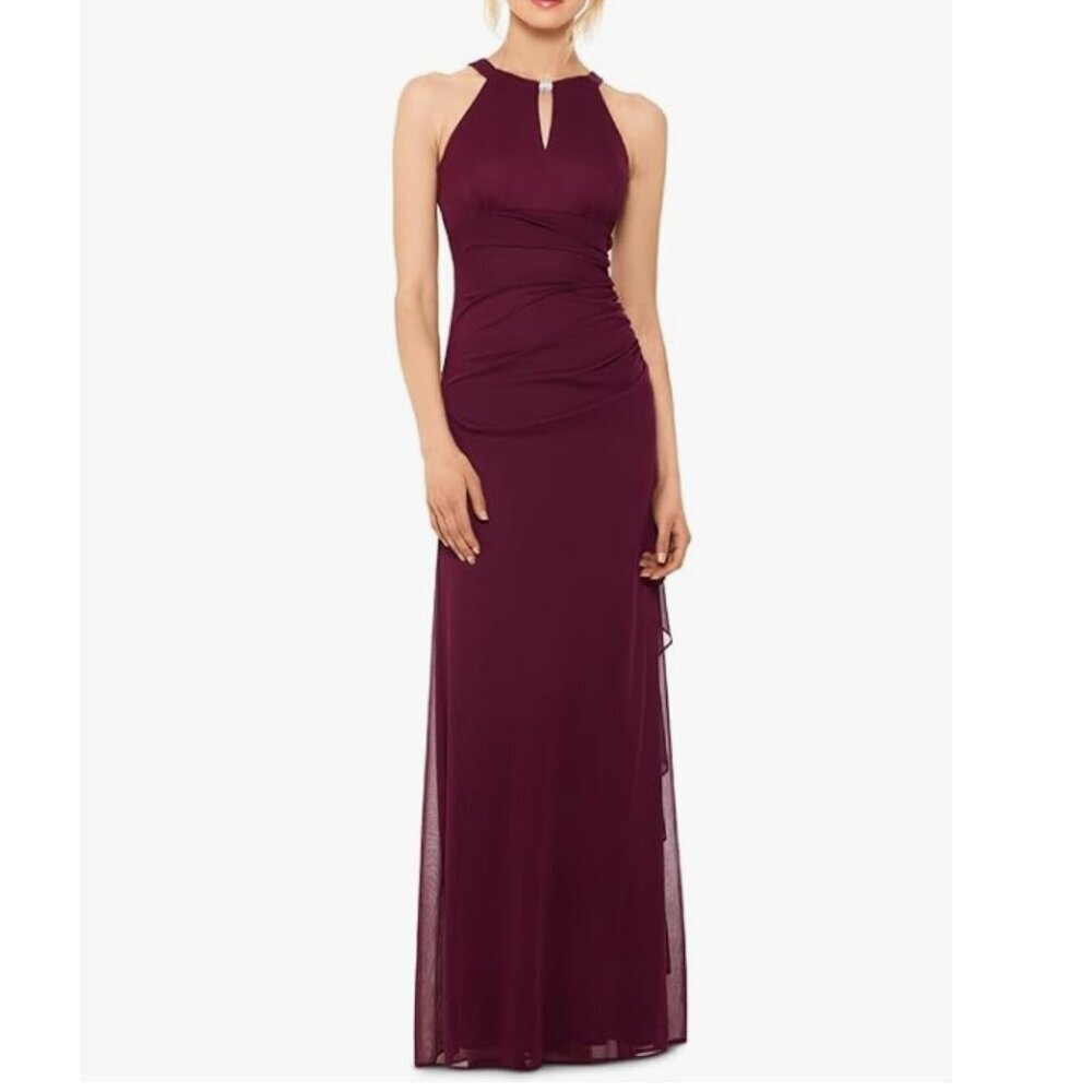 Betsy and Adam Sleeveless Halter Neck Ruffle Chiffon Gown, Dark Burgundy, Size 8